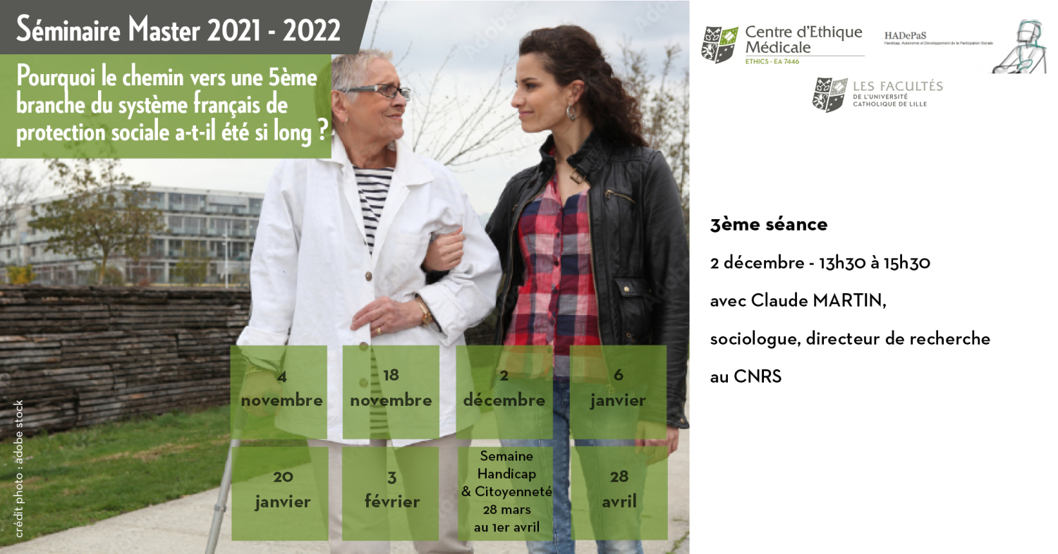 Affiche du séminaire. Une personne tient par le bras une autre personne avec une cane.